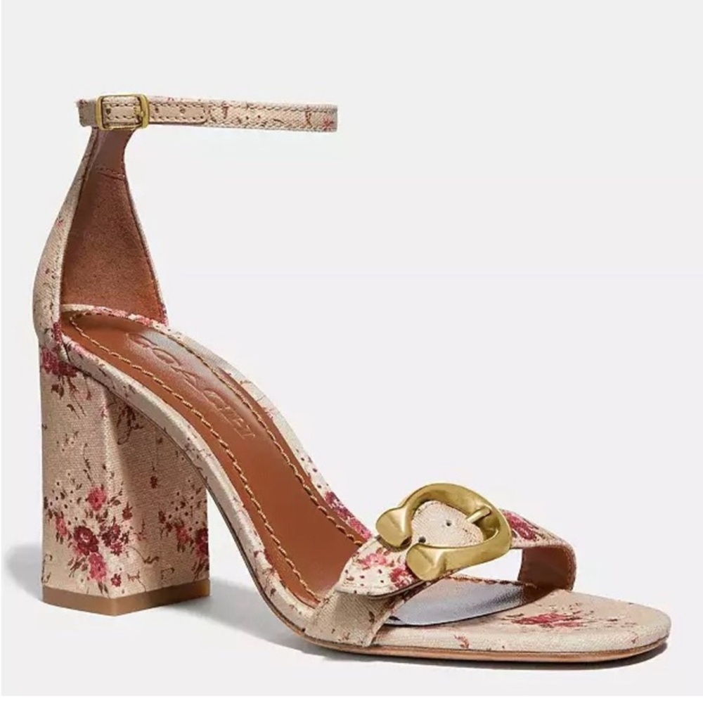 Coach Floral Beige Block Heels with Gold Accent